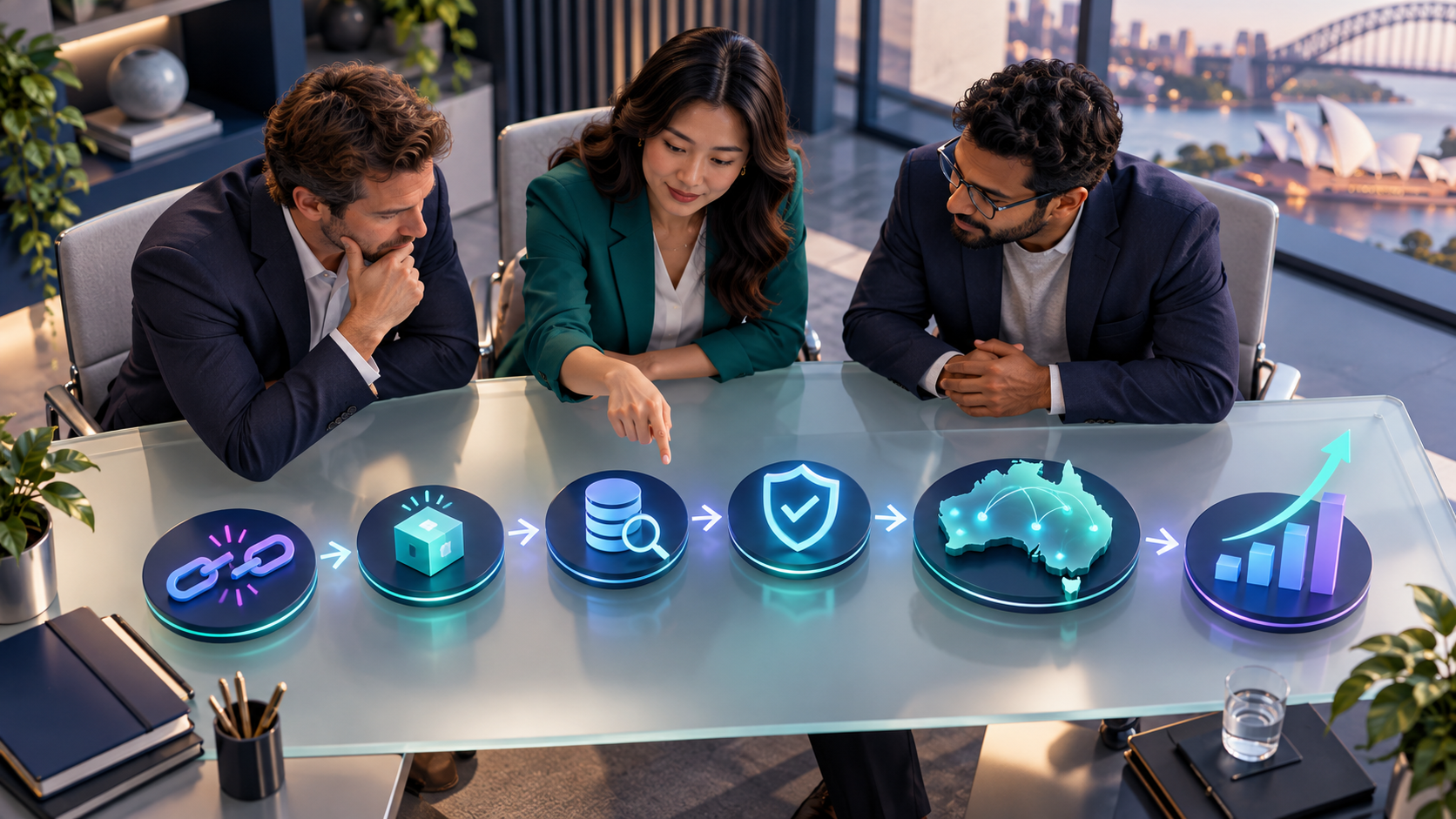 Editorial illustration of a team reviewing a governed AI rollout, from a focused pilot to measured business outcomes.